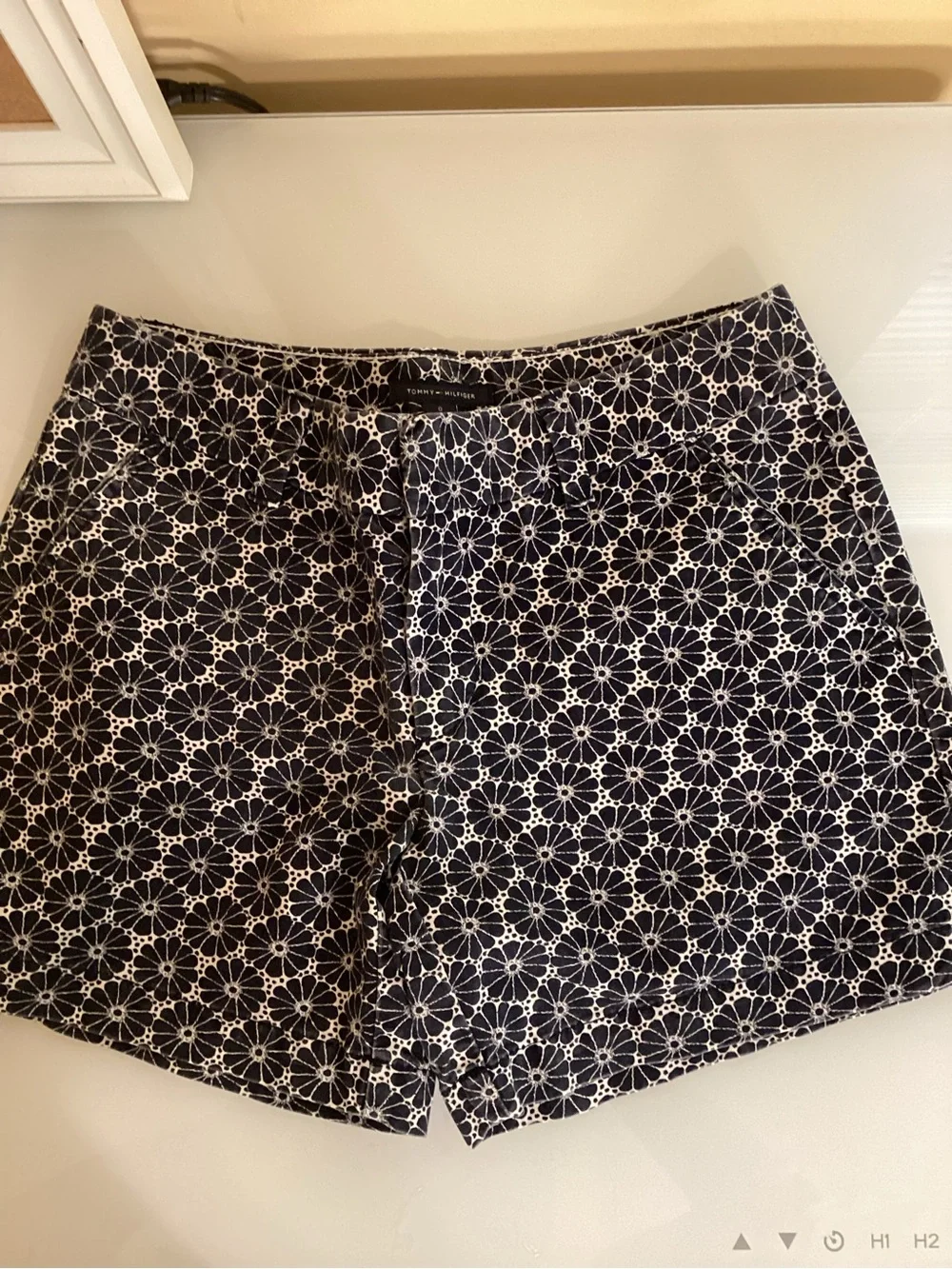 Tommy Hilfiger Navy and White Geometric Floral Flat Front Shorts